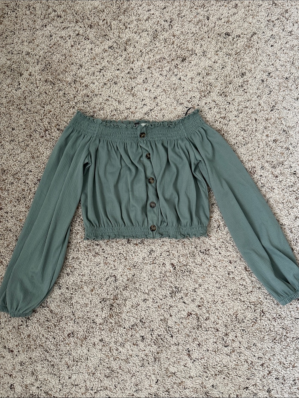 Off-Shoulder Sage Green Button-Front Crop Top